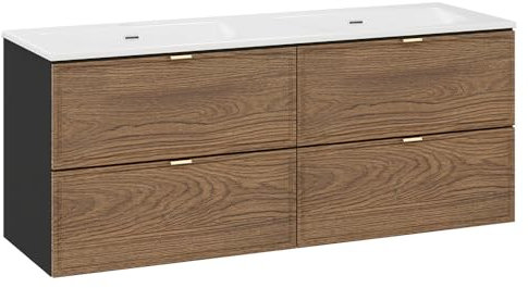 Lomadox Badezimmer Doppelwaschtisch 120 cm breit in Eiche und schwarz, hängend mit 4 Schubladen, Doppelwaschbecken weiß