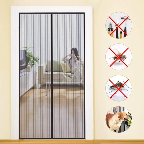 MYCARBON Fliegengitter Balkontür, Stärkere Magnet Insektenschutz Tür 90x190cm, Für Kellertür, Terrassentür, Wohnzimmer Ohne Bohren, Einfache Montage, Nicht Kürzbar, Schwarz