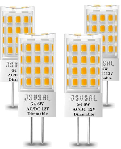 JSVSAL G4 LED Bulb Dimmable,Bi-pin T3 JC Type 12V AC/DC,6W Equivalent to 50-60W Halogen,Soft White 3000K for Chandelier, Landscape Lighting,RV Boat Yacht Courtyard Path,Home Lighting,4-Pack