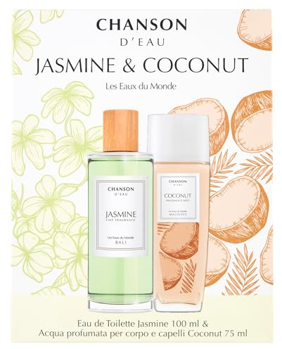 Chanson d'Eau, Les Eaux du Monde, Jasmine & Coconut presentask, förpackning med Eau de Toilette Jasmine 100 ml parfymvatten för kropp och hår Coconut 75 ml