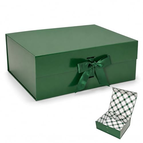 Tekhoho Caja de Regalos Grande Verde 33.5x27x12.5 cm, Caja de Regalos Premium con Tapa MagnéTica y Cinta para Embalaje de Regalos de Bodas y CumpleañOs, Forro a Cuadros