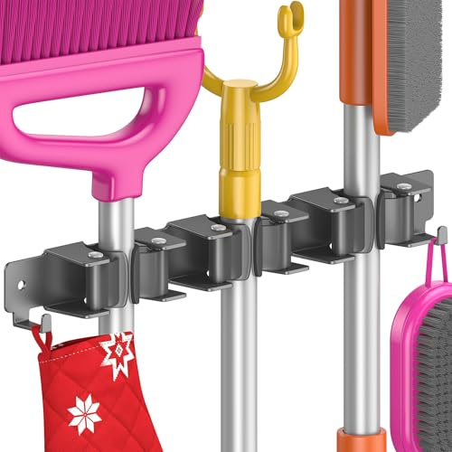 Quirlig Porte Balais Mural, Accroche Balai Mural avec 3 Supports et 2 Crochets, Support Balais Mural sans Percage, Attache Rangement Balai, Porte Outils de Jardin Mural, Noir