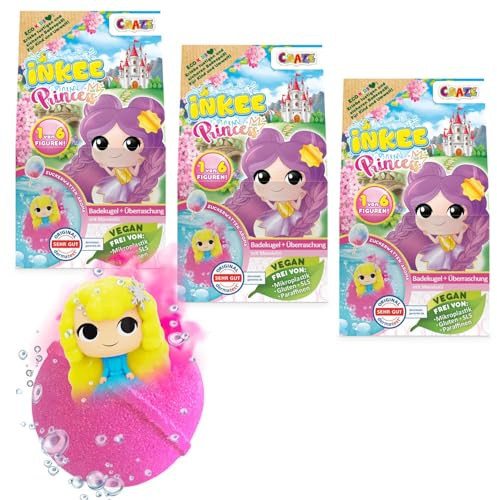 INKEE Boule de bain Princesse Pack de 3 - Bombes de Bain Enfant avec Surprise, Figurine Princesse à l'intérieur, Parfum Barbe à Papa & Huile d’Amande Douce – 3x 100g, Rose & Violet