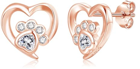Cangall Ohrstecker Rose Gold, 925 Sterling Silber Herz Katzenpfote Ohrstecker mit 5A Cubic Zirkonia, Hypoallergen 10mm Süße Herz Ohrringe, Klein Katzenklauen Hundepfote Ohrringe Silber 925 Stecker