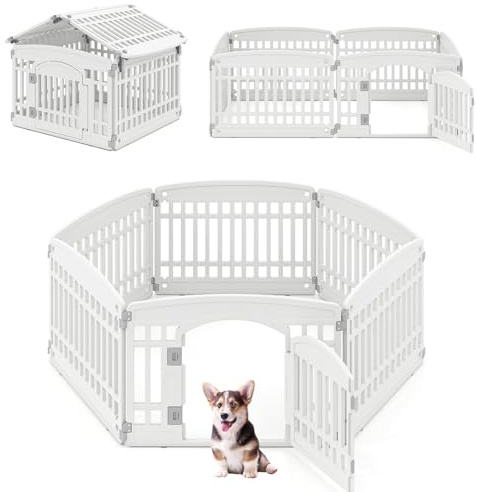 FANTASK Parc Pliable pour Chien, extérieur et intérieur, avec Porte verrouillable et 6 Panneaux, en Plastique, Parc pour Chiot, 60 cm de Haut, Blanc