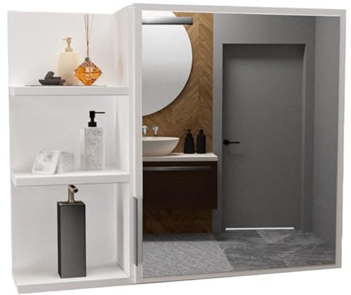GERMAN Cosmo Spiegelschrank, Badezimmerschrank, Hängeschrank 60x50 cm, Weiß, mit 3 offenen Fächern & 2 Innenablagen, moderner Badschrank mit großem Spiegel, hergestellt in der EU