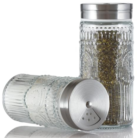 2 Pack Glass Salt and Pepper Shakers Glass with Adjustable Pour Holes, 120ml Refillable Spice Dispensers for Himalayan, Table, Kitchen(Tall-Sunflower)