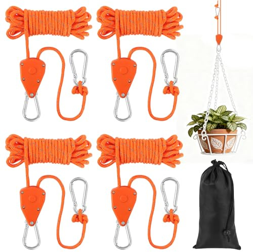 NUTKIT 4 Stycken Trinkettreppare med Krok, 4M Justerbar Trinkettreppare med Förvaringspåse, Trinkettreppare för Upphängning, för Växtlampor, Tält, Vandring (Orange)