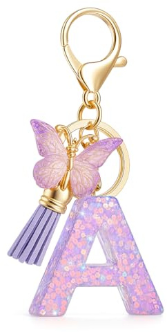 Porte-Clés Lettre A – Porte-Cléf Initial et Charme de Sac pour Femmes avec Pendentifs Papillon et Touffe, Cadeaux de Porte-Clé Papillon pour Amies Filles