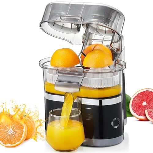 Elektrisk Citruspress med Dubbelhuvud, 100W Apelsinpress med 400 ml Dubbelpress, Enknappskontroll, Avtagbar Lätt att Rengöra Design för Apelsin, Citron och Granatäpple