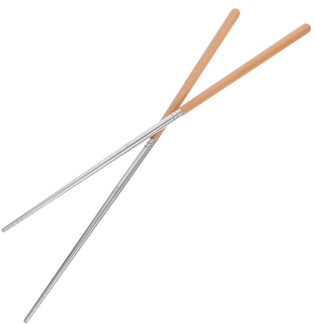 MUSISALY 1 Pair Stainless Steel Cooking Chopsticks with Wooden Handle, Long Heat-Resistant Kitchen Chopsticks for Frying, Hot Pot and Noodle Serving, Non-Slip Household Chop Sticks