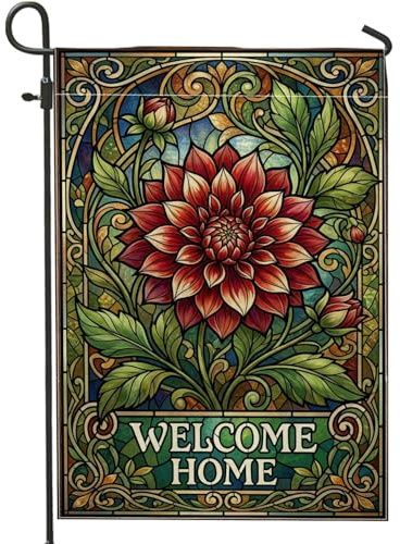 Dahlia Drapeau de jardin, feuilles florales, bourgeons, maison, rouge, double face, en toile de jute, drapeaux décoratifs pour extérieur, pelouse, porche, terrasse, entrée, 30,5 x 45,7 cm