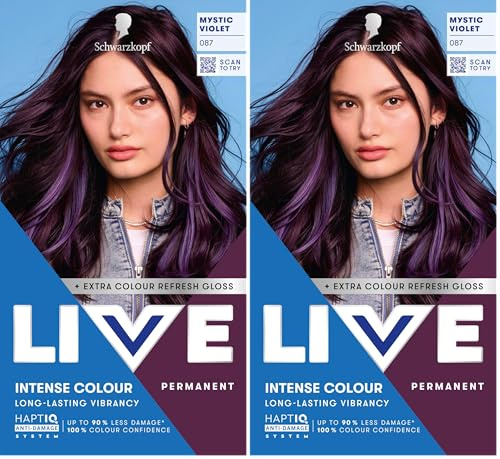 Schwarzkopf LIVE Intense Colour 087 Mystic Violet, Long-lasting Permanent Violet Hair Dye, With Extra Colour Refresh Gloss (Pack of 2)