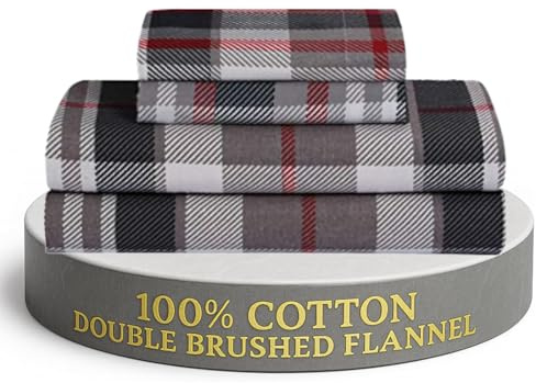 Feather & Stitch 100% Cotton Flannel Full Sheet Set, 4 Piece Brushed Cotton Flannelette Flat Sheet, Winter Fitted Sheet, Heavy Weight Bedding, 16 Deep Pocket, 2 Pillow Cases (Red Plaid)