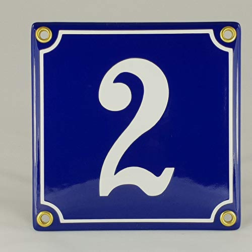 Hausnummer Emaille Schild Nr. 2 Blau-Weiß Handarbeit mit Schrauben und Dübel zur Montage