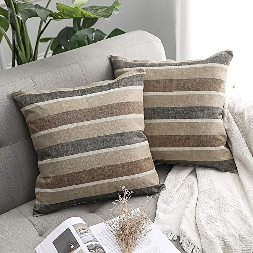 MIULEE 2er Set Streifen Kissenbezüge Kissenhülle Leinenoptik Sofakissen Dekorative Kissenbezug Dekokissen Deko Couchkissen Bezug für Sofa Büro Couch Schlafzimmer Wohnzimmer 50x50 cm Kaffee