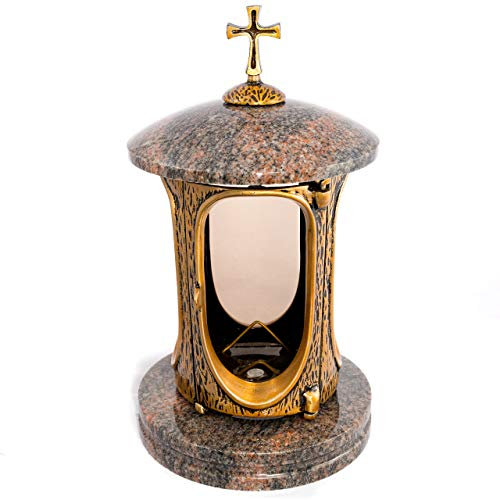 Afterglow Elegante farol de lápida Elégant con cruz de granito del Himalaya, altura 27 cm/diámetro 15 cm, lámpara para tumba de granito bronce con base decorativa