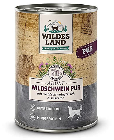 WILDES LAND – Wild | Nassfutter mit extra hohem Fleischanteil und natürlichen Zutaten für ausgewachsene Hunde. Alleinfutter ohne Zusatzstoffe in der Dose | 6x400g Wild