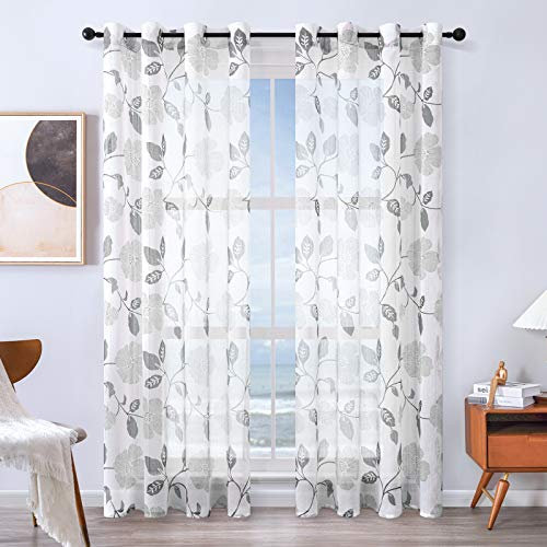 MRTREES Voile Gardinen Vorhang halbtransparent kurz Gardine Blumen Vorhänge Muster mit Ösen in Leinenoptik Grau 225×140 (H×B) Schlaufenschal 2er Set für Wohnzimmer Schlafzimmer Kinderzimmer