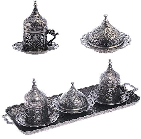 Alisveristime Ottoman Turkish Greek Arabic Espresso Coffee Cups with Saucer and Lid (Set of 2) (Lale) (Black)
