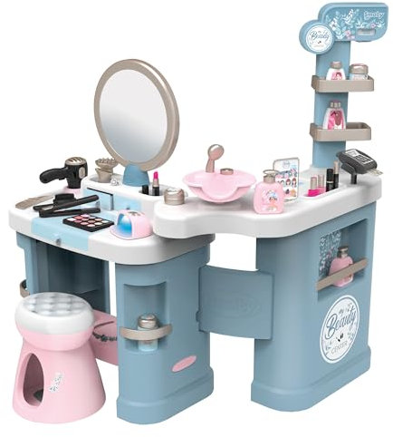 Smoby My Beauty Pretend Play Roleplay Salon with Stool and Mirror, Vanity Station with Lights and Sounds Includes 32 Accessories and Foldable For Storage, For Children From 3+