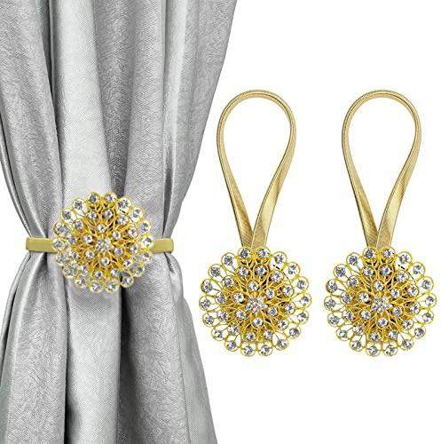 GDWD Magnetische Kristall Blume Vorhang Raffhalter,Dehnbare Vorhang Raffhalter Schnalle mit Federseil Dekorative Vorhanghalter Gardinenhalter Fensterdeko für Home Büro (2 Stück,Gold)