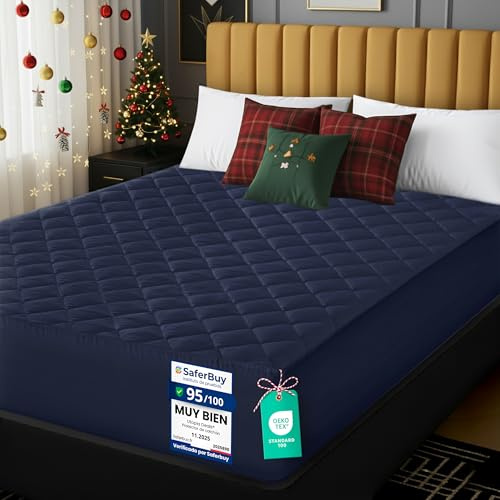Utopia Bedding Gesteppter Matratzenschoner 160 x 200 cm, Spannmatratzenauflage, Tiefe Tasche Matratzenbezug dehnt Sich bis zu 30 cm (Marineblau)