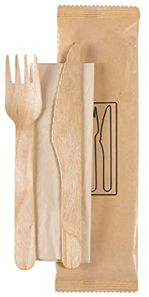 SHOBI 50 Holzbesteck Set kompostierbar Einweg-Gabel und Messer mit Serviette