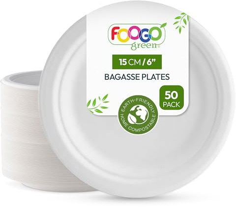 FOOGO Green engångs-sockerrör-bagasse-tallrik, Ø 15 cm, 50 stycken, för desserter och förrätter, miljövänlig, biologiskt nedbrytbar, komposterbar, för picknick, fest, små runda stabila
