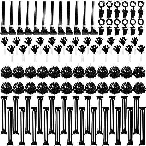 Yunsailing 96 Pcs Noisemakers Team Spirit Accessories Include Hand Clapper Cheerleading Pom Pom Thunder Stick Cheer Party Blower Plastic Whistle for Spirit Week Sport(Black)
