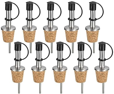 sourcing map Stainless Steel Bottle Pourers, 10Pcs Olive Oil Spout with Rubber Dust Caps, Cork Design Wine Bottle Stoppers for Pours Liquid, Olive Oil, Wine, Vinegar