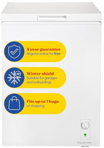 Russell Hobbs White Chest Freezer 143L Freestanding with 5 Year Warranty, Adjustable Thermostat, Chill or Freeze Function, 4 Star Freezer Rating & Suitable for Outbuildings & Garages RH142CF0E1W