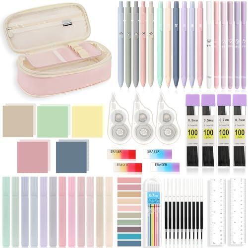MoKo 60 Stück Schulsachen, Rosa Federmäppchen, 5 Gelstifte, 6 Druckbleistift mit Nachfüllungen, 12 Pastell Textmarker, Radiergummis, Transparente Haftnotizen Tabs, Schreibwaren Set für Studenten