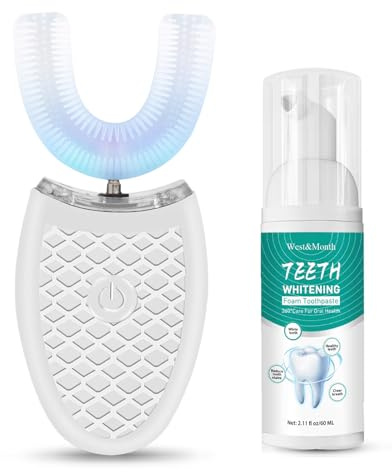 Cepillo de dientes eléctrico ultrasónico para adultos, 360° de boca entera blanqueamiento en forma de U, cepillo de dientes automático, carga inalámbrica, viajes, hogar, doble uso (blanco)