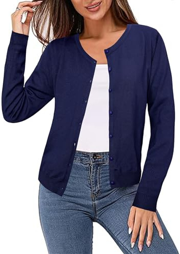 Irevial Cardigan Femme avec Boutons et Encolure en Col Rond Cardigan Femme Léger et Estival Elégant Bleu Marine，M