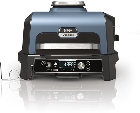 Ninja Woodfire Pro Connect XL Barbecue Elettrico, Griglia, Affumicatore, Friggitrice ad Aria 7 in 1, Controllo con App, 2 Termometri, Griglia per Costicine, Copertura e Spazzola, Blu/Nero, OG901EUAMZ