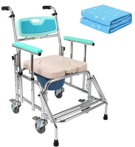LIBRACTA Toilettenrollstuhl, Commode Toilettenstuhl Mit Eimer Duschstuhl Fahrbar Mit Gepolsterter Sitz/Rückenlehne 4 Festestellbremsen Antirutschenden Rollstuhl (Mit Inkontinenzauflage) A