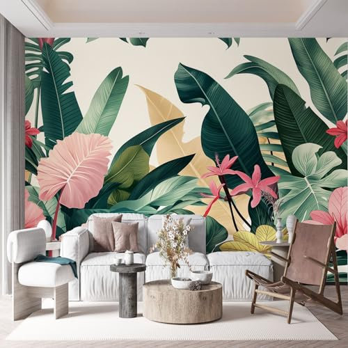Murales da Parete Foglie e fiori di piante tropicali Carta da Parati, Rosa Carta da Parati Murale HD 3D Fotomurale Adatto per Soggiorno Camera da Letto Cameretta Ufficio 350 x 256 cm (WxH)