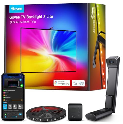 Govee TV Backlight 3 Lite con corrección de ojo de pez de cámara, 2,4m para TVs 40-50 pulgadas, retroiluminación LED RGBICW 4en1, WiFi, compatible con Alexa y control por app