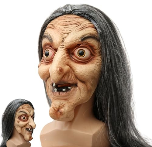 Aofonchy Halloween Gruselige Hexenmaske, Latex Hexenmaske mit Haaren, Realistische Horror Hexenmaske, Gruselige Alte Frau Maske, Alte Hexen-Anziehmaske für Halloween Kostüm Party Requisiten