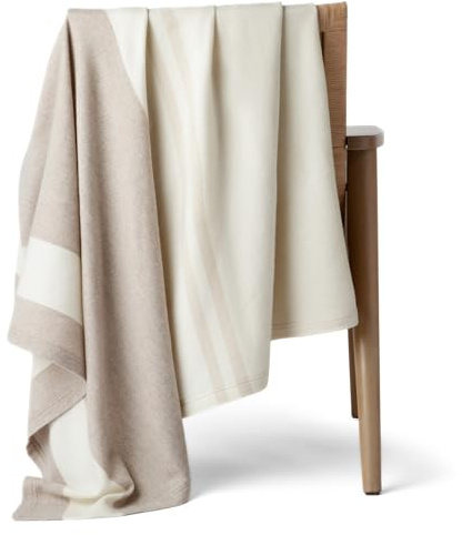 Jet&Bo 100% Pure Cashmere Throw Blanket for Couch, Sofa & Bed, Ultra Soft Woven Cashmere Blanket Throw, Large Full Size 73” x 54”, Off-White, Beige, Brown, Stripe Pattern