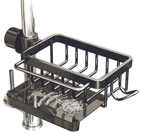 PengGengA Wasserhahn Lagerregal Küchenarmatur Schwammhalter Spülbecken Organizer Hängend Spüllappenhalter mit Abnehmbarer Abtropfschale Wasserhahn Ablauf Rack