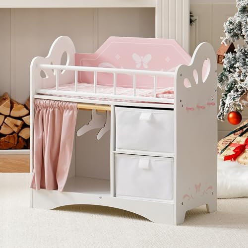 ROBOTIME Baby Doll Crib, Kids Wooden Doll Bed with Storage Cabinet and Bedding, Dolls Cribs and Cots with Wardrobe, Furniture & Accessories, Toy Cot Suits for Under 22, Toddler Girl Aged 3+ (Pink)