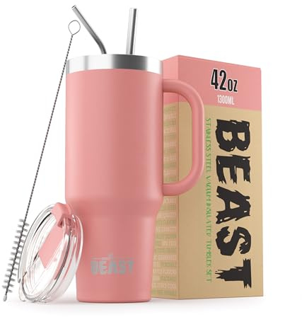 Beast Tumbler with Handle - 1300 ml (42 oz), Blossom Pink | Reusable Stainless Steel, Vacuum Insulated Cup | with + 2 Straws & Cleaning Brush | Double Wall Travel Flask Perfect for Hot or Iced Coffee