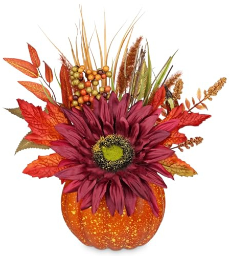 Hollyone Herbstliche Kürbisdekoration Rot Künstliche Sonnenblume im Kürbis mit Ahorn Eukalyptus Beeren Dekorative Kürbisse für Herbstdeko Ernte Halloween Thanksgiving Home Tischdekoration