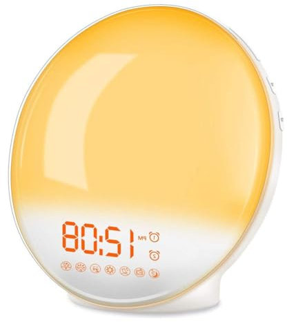 Reloj despertador con simulación de amanecer y atardecer con luz de ambiente colorido, función FM, radio, melodías relajadas, natural y