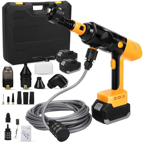 Hidrolimpiadora a Batería 4 en 1, 200W Portátil Aspiradora con 2 * 3000mAh batería, inflador de neumáticos sin Cable de 23000RPM y soplador de Aire con Manguera, 6 en 1 Boquilla y Filtro, Enchufe UE