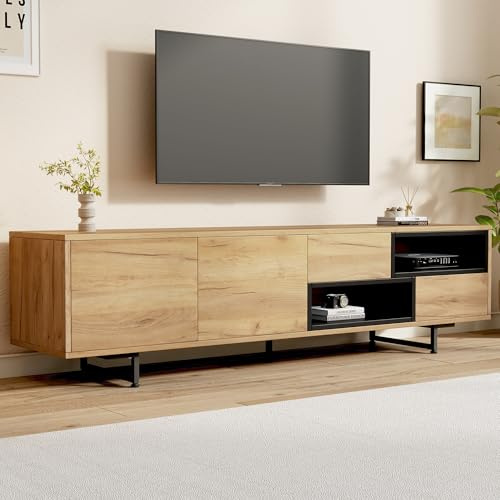Merax TV Schrank, Fernsehtisch mit 2 Fächern 2 Schublade Offenes Fach, Fernsehschrank Lowboard für 70 Zoll TVs, Vintage Industrial, TV Board Sideboard für Wohnzimmer & Esszimmer, 173x38x48cm, Eiche
