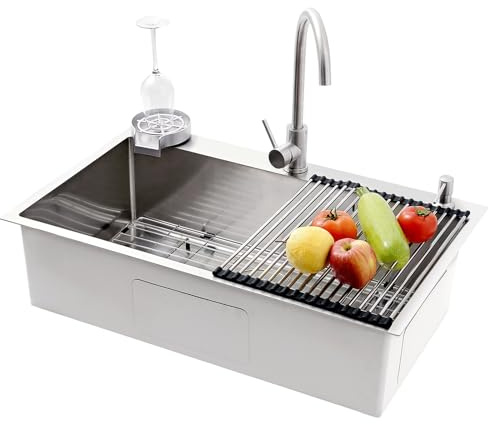 AIVANOTO Fregadero Cocina 70×50cm Acero Inoxidable, Con Grifo, Escurridor Inferior, Enjuagador de Vasos, Dispensador de Jabón, Sifón y Kit de Drenaje, 1 Seno Plateado, Instalación Bajo, Sobre Encimera