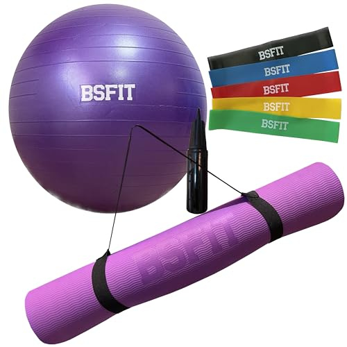 BSFIT Pelota de Pilates y Yoga Antipinchazos | Fitball para Ejercicios, Suelo Pélvico y Embarazadas | Bola Pilates 65/75/85cm Hinchador para Fitness y Rehabilitación (Kit Esterilla, Pelota, Bandas)